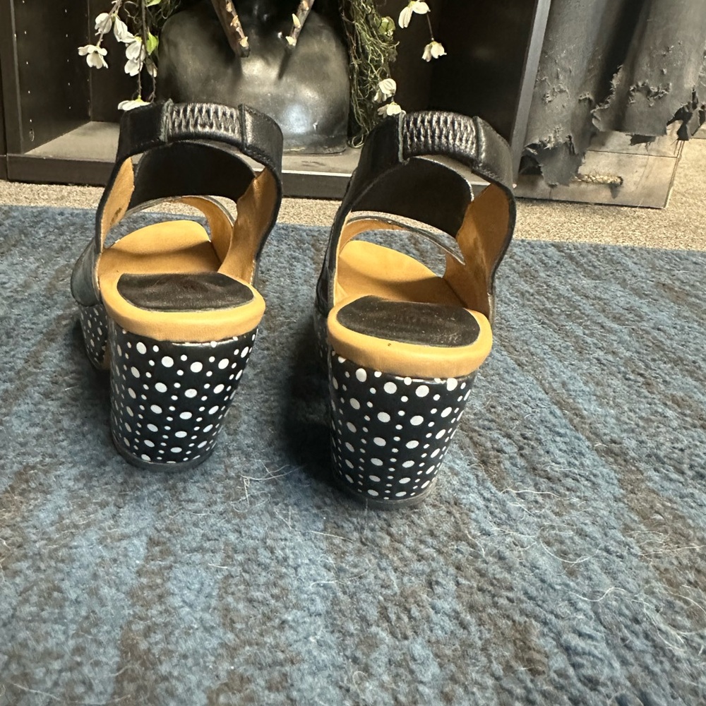 John Fluevog Black Peep-Toe Platform Sandals with Polka Dot Heels - Picture 5 of 6